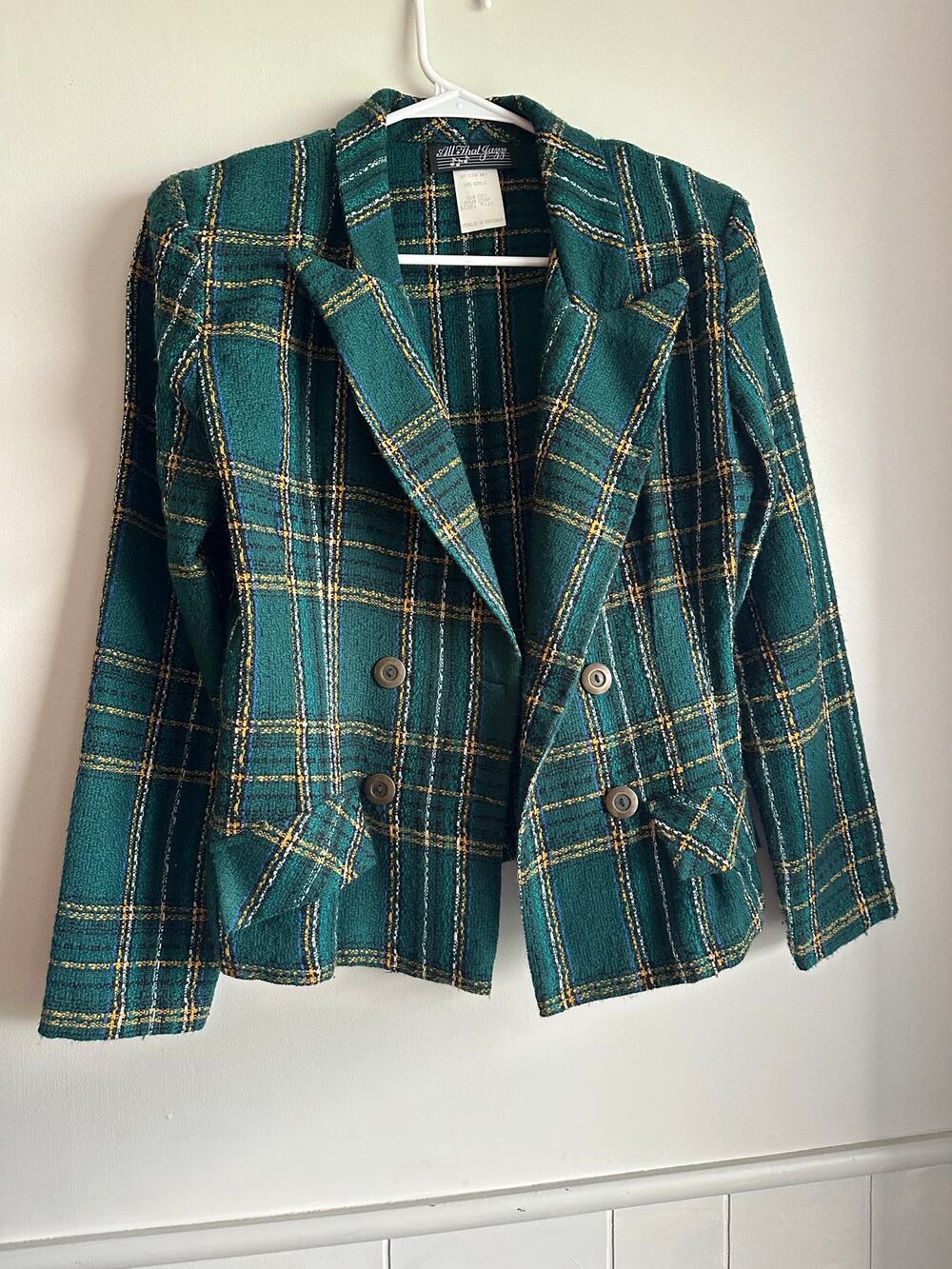 Vintage All That Jazz Green Plaid Double‑Breasted Blazer Size 9/10